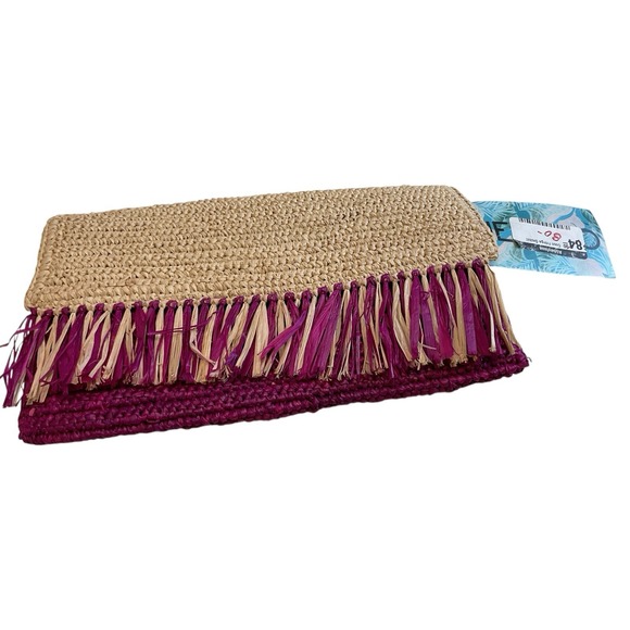 Woven Raffia Clutch Bag, Fringe Detail Beach Purse, Bohemian Style Fuchsia Beige - Picture 1 of 7